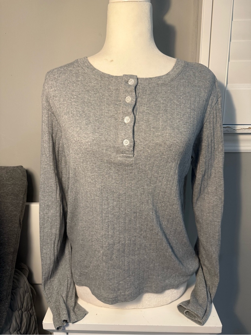 Parke Pointelle Gray Ribbed Henley Long Sleeve Top